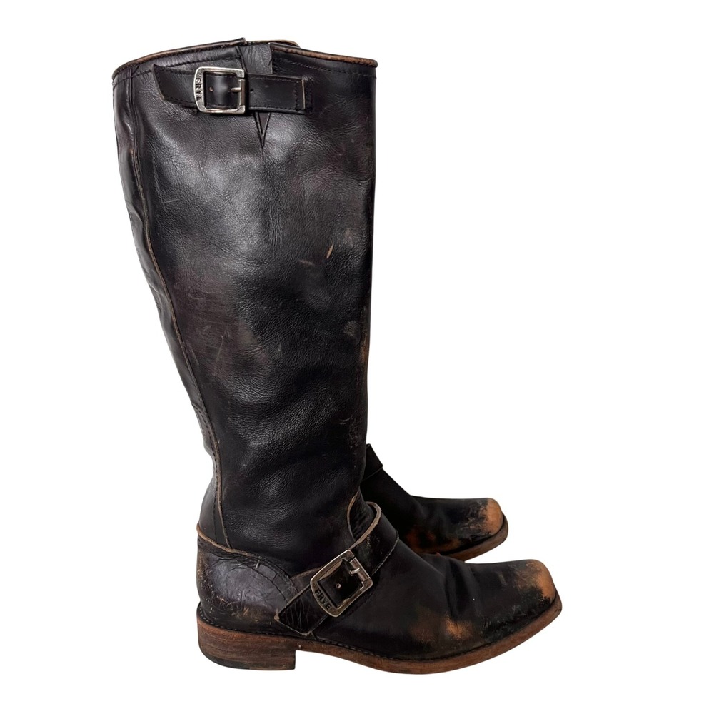 Frye Harness Boots Women 7.5 Black Leather Tall Engineer Moto Distressed Square